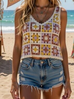 Rebellion Again Crochet Granny Square Knit Crop Top in pastel Colors. Size Large